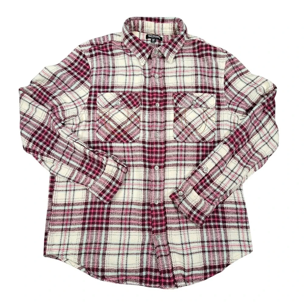 True Religion Workwear Plaid Flannel Shirt Mens Medium Ivory Pink Horseshoe